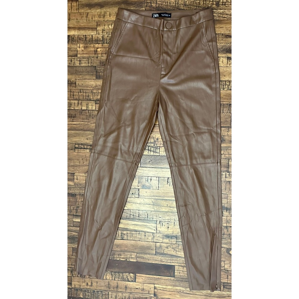 Zara Womens High Rise Faux Leather Slim Pants Camel‎ Brown Ankle Zip Size Small